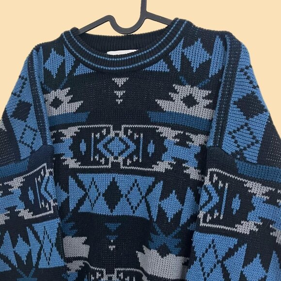 vintage 90s geometric quirky retro indie boxy acrylic knit sweater - Picture 3 of 8